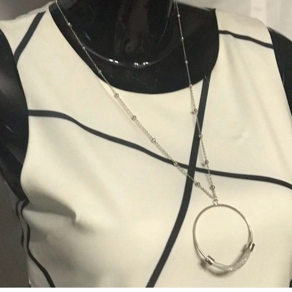 Silver Tone Crystal Mesh Circle Pendant Necklace | Adjustable Long Chain - edge